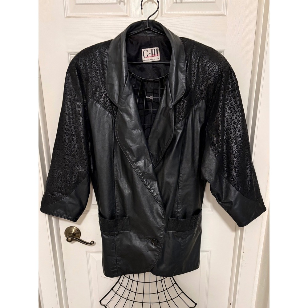 Vintage 80s G-III Black Leather Lace Jacket Blazer Made USA Oversized